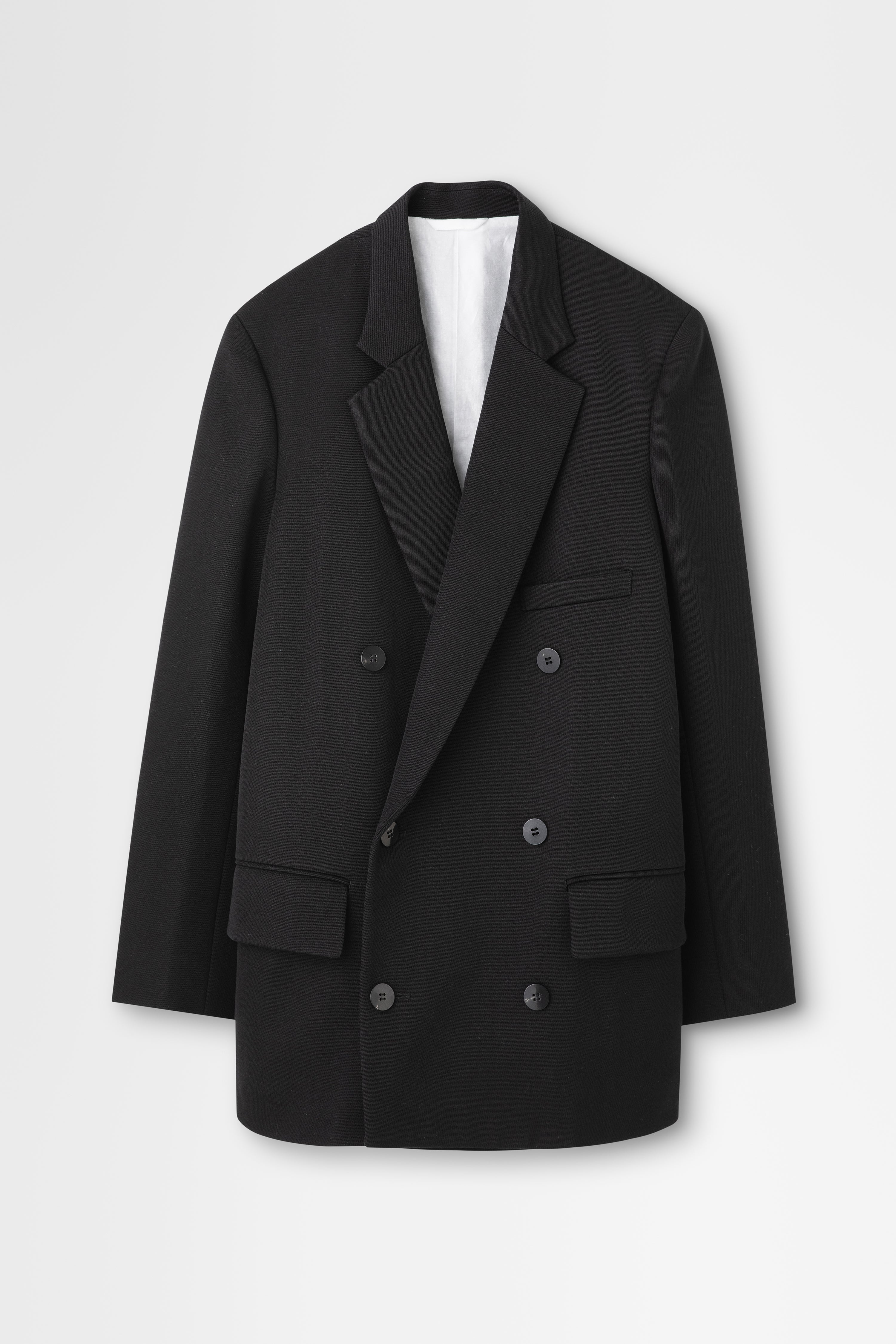 Wool Tricotine Double-Breasted Jacket in Black