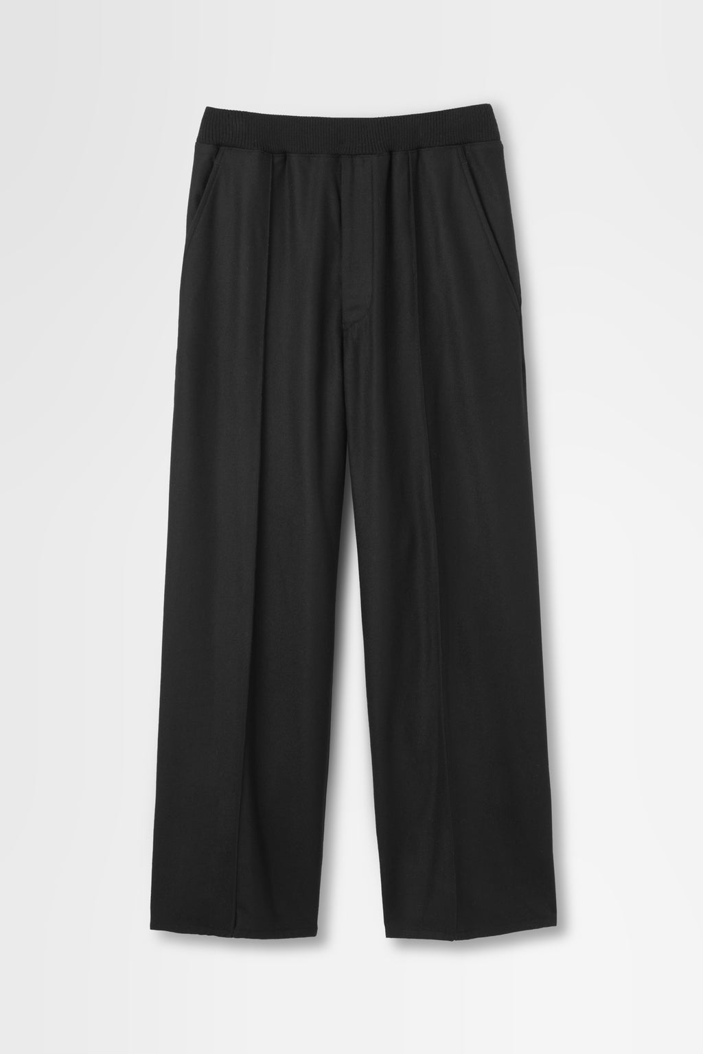 Wide Trouser with Ribbed Waistband in Wool Flannel