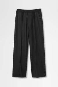 Wide Trouser with Ribbed Waistband in Wool Flannel