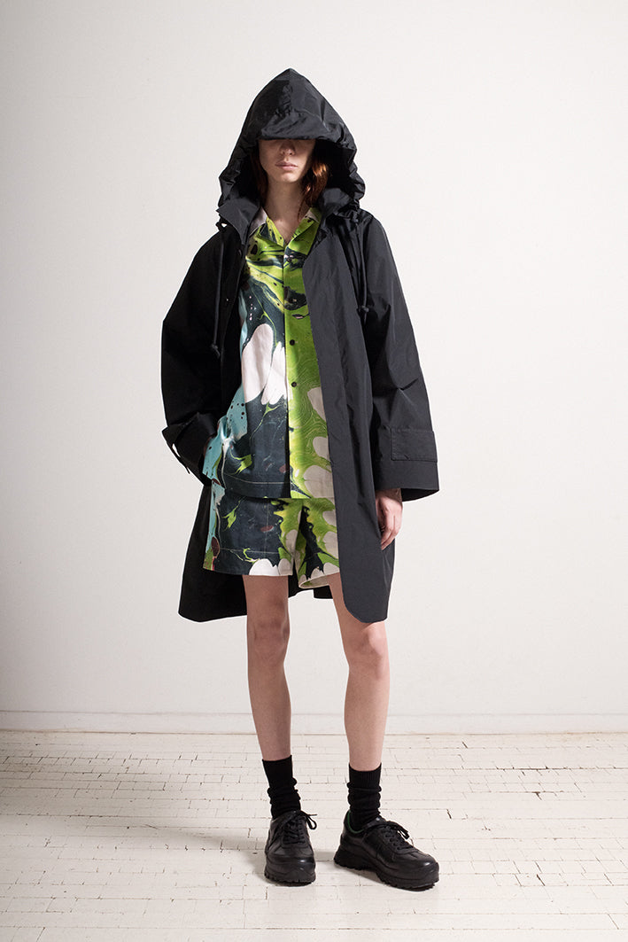 Nylon Raincoat with Removable Hood in Forest Green