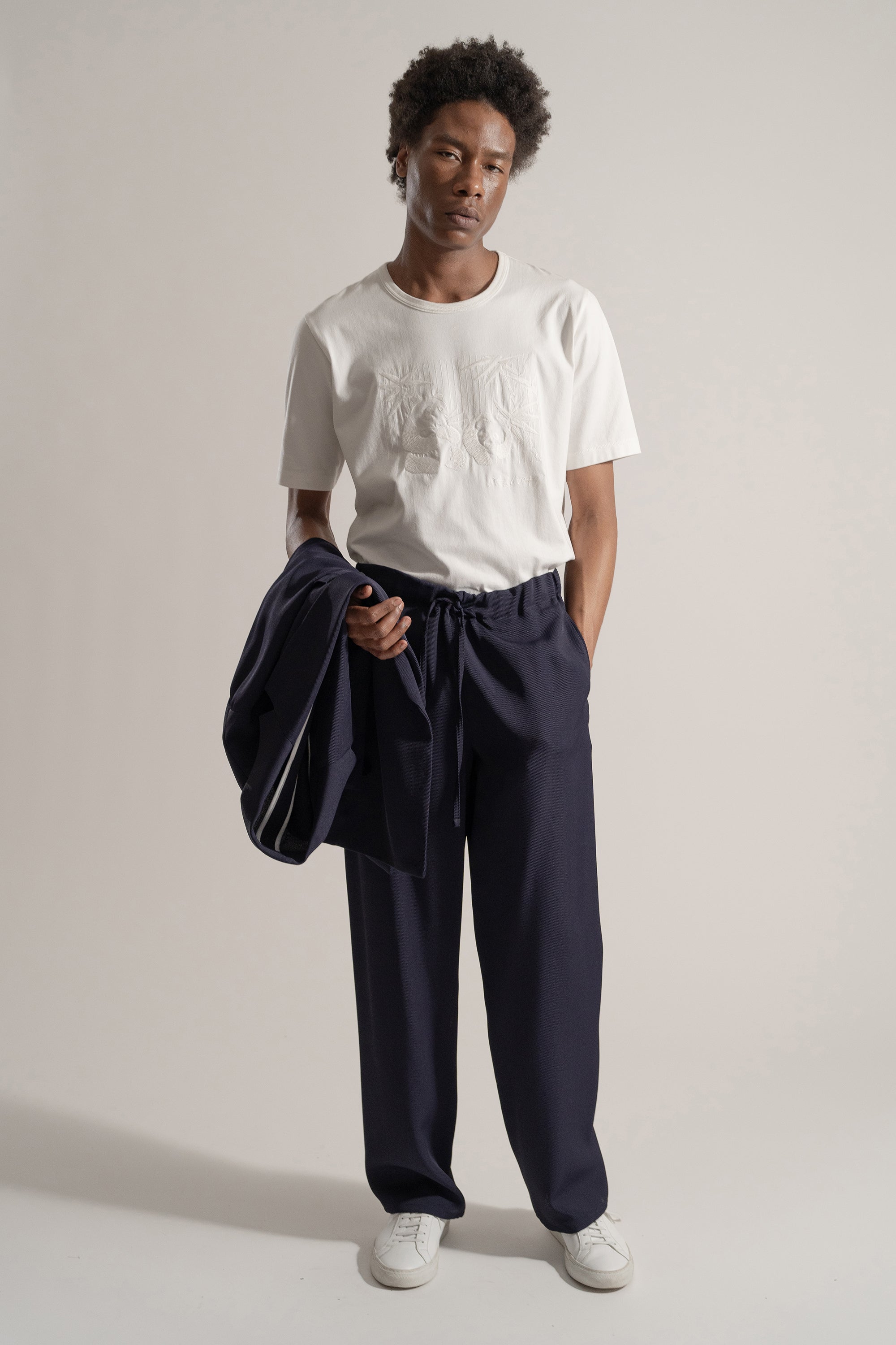 Classic Rayon Tricotine Drawstring Trouser in Navy