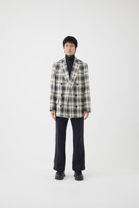 Wool Cotton Double Breasted Jacket in Black Ivory Check ウールコットン ダブルジャケット ブラックアイボリーチェック