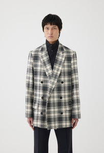 Wool Cotton Double Breasted Jacket in Black Ivory Check