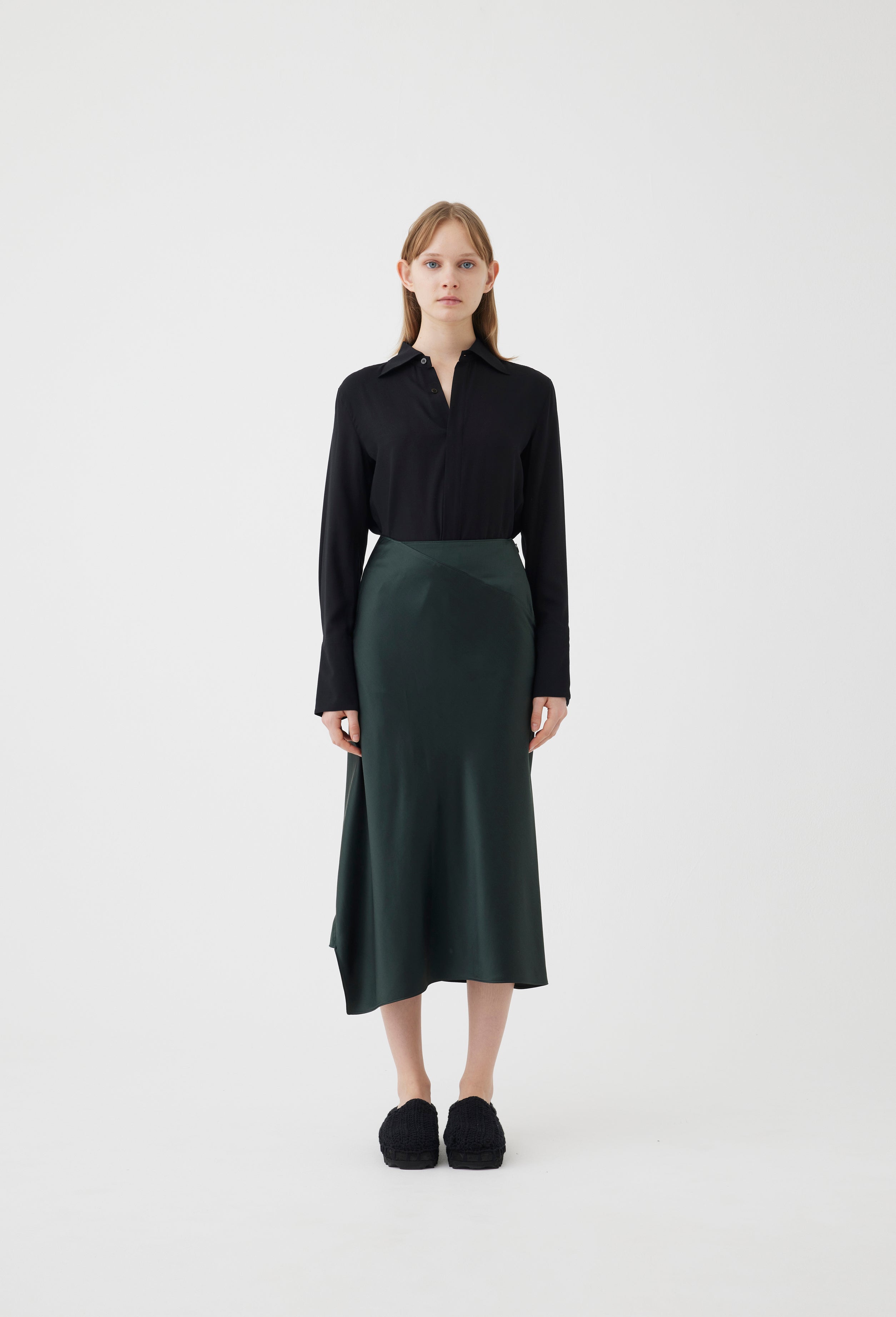 Silk Asymmetrical Skirt in Forest Green