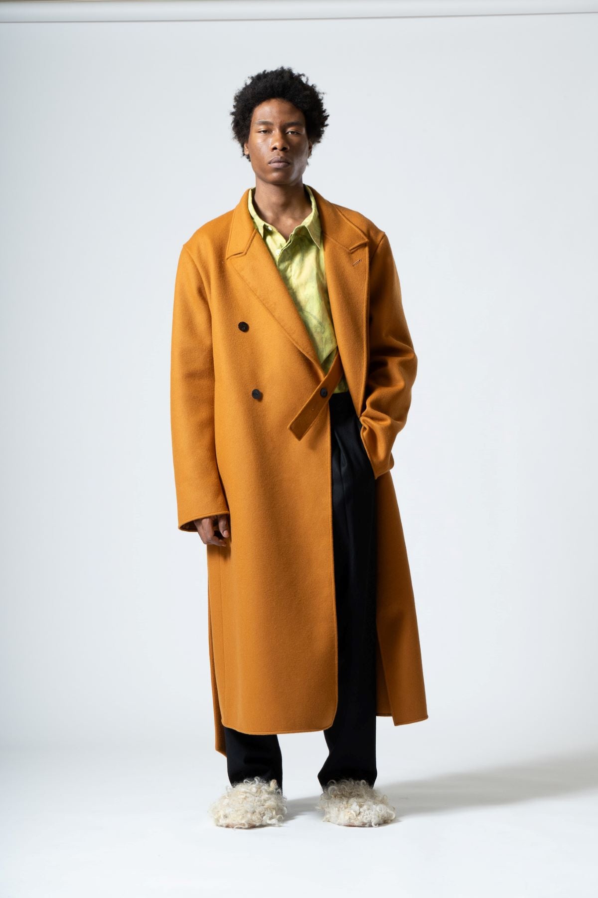 Double-face Beaver Wool Peaked Lapel Overcoat in Camel