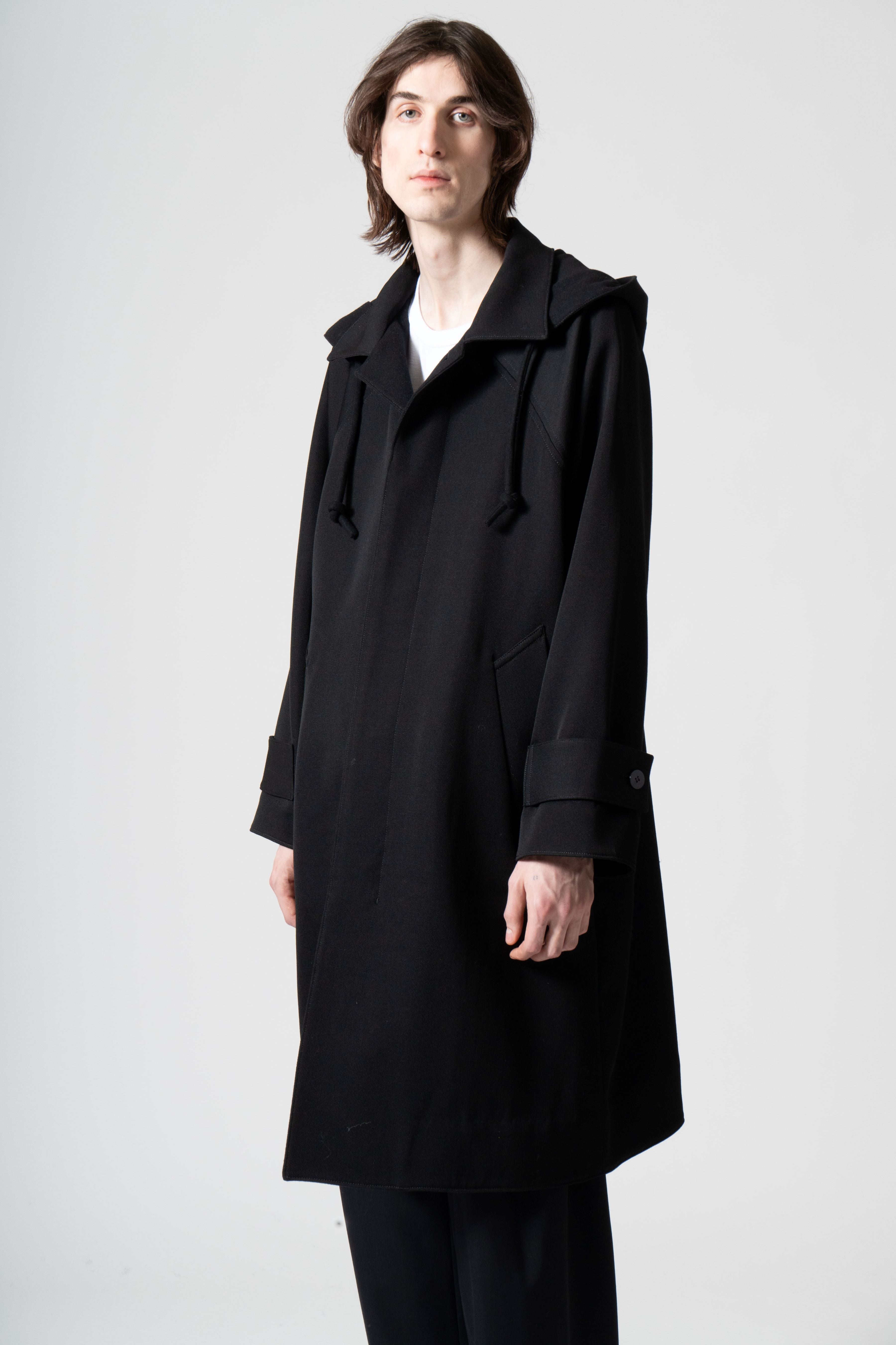 Wool Tricotine Soutien Coat with Removable Hood in Black