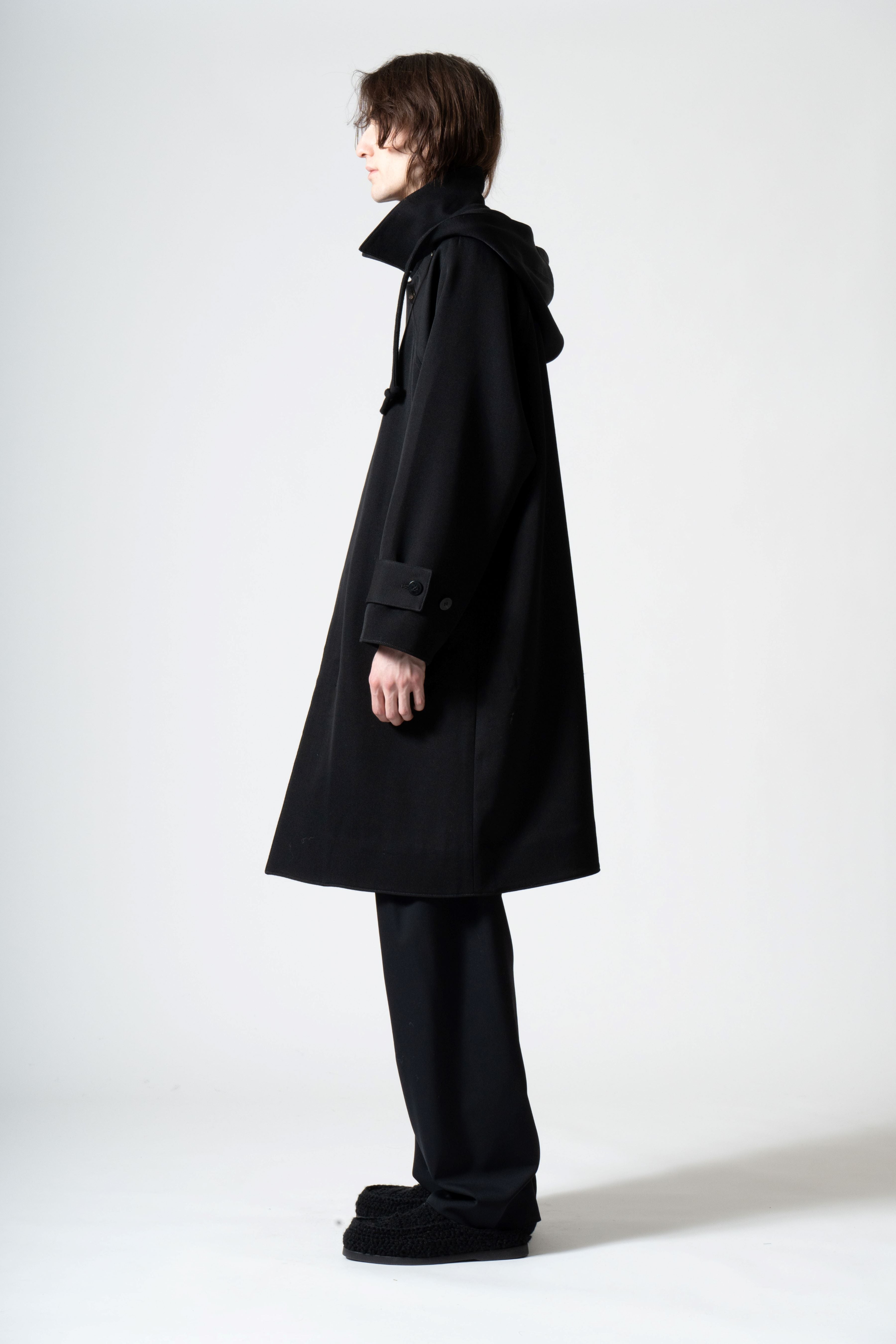 Wool Tricotine Soutien Coat with Removable Hood in Black