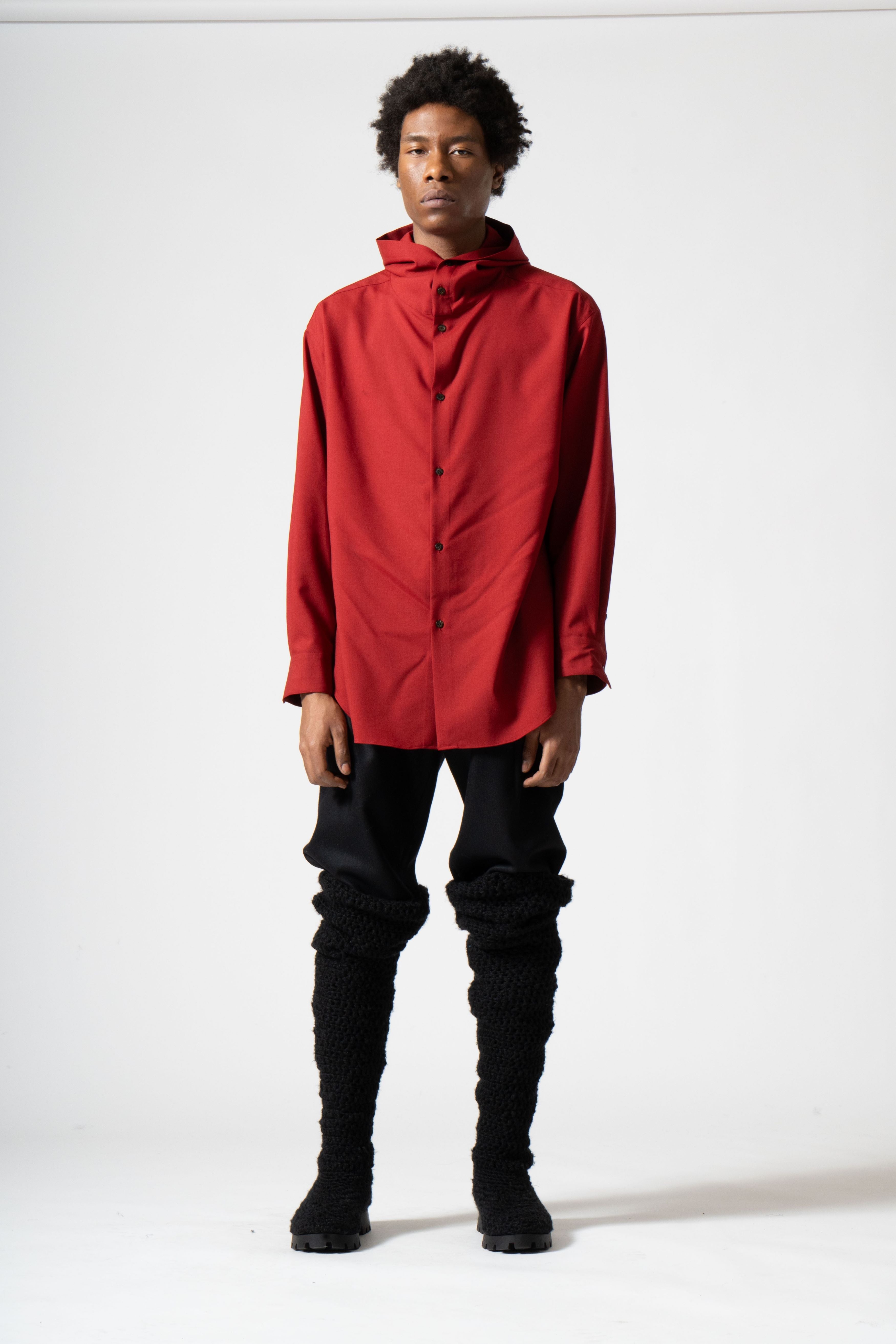 Hooded Wool Shirt in Burgundy